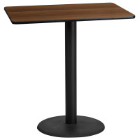 Flash Furniture XU-WALTB-3045-TR24B-GG 30'' x 45'' Rectangular Walnut Laminate Table Top with 24'' Round Bar Height Table Base 